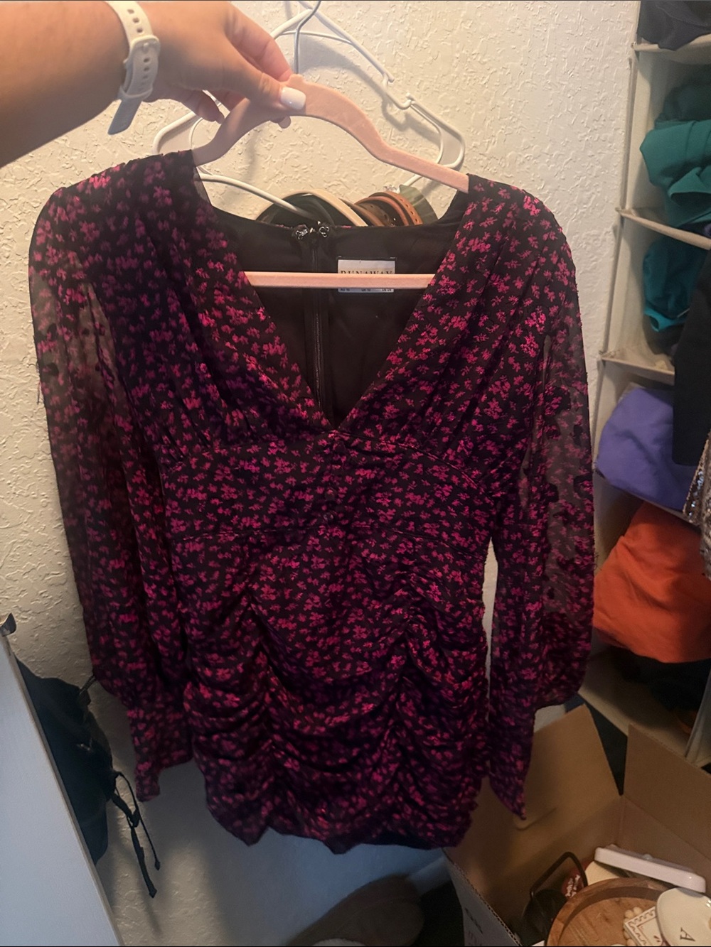 Women's Mini Dress in Black with Pink Floral Print
